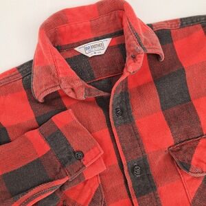 FIVE BROTHER Men M Flannel Shirt Red Black Buffalo Plaid Made in USA Vintage 90s